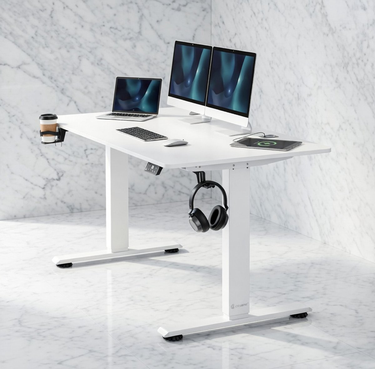 Ergonomisch Elektrisch Verstelbaar Bureau 140x70 cm – Sta-Zit Bureau met LCD Display, Geheugenfunctie, Draadloze Oplader, USB-C/A Poorten – Modern Wit – Compact & Duurzaam Thuis- en Kantoorbureau House&Garden