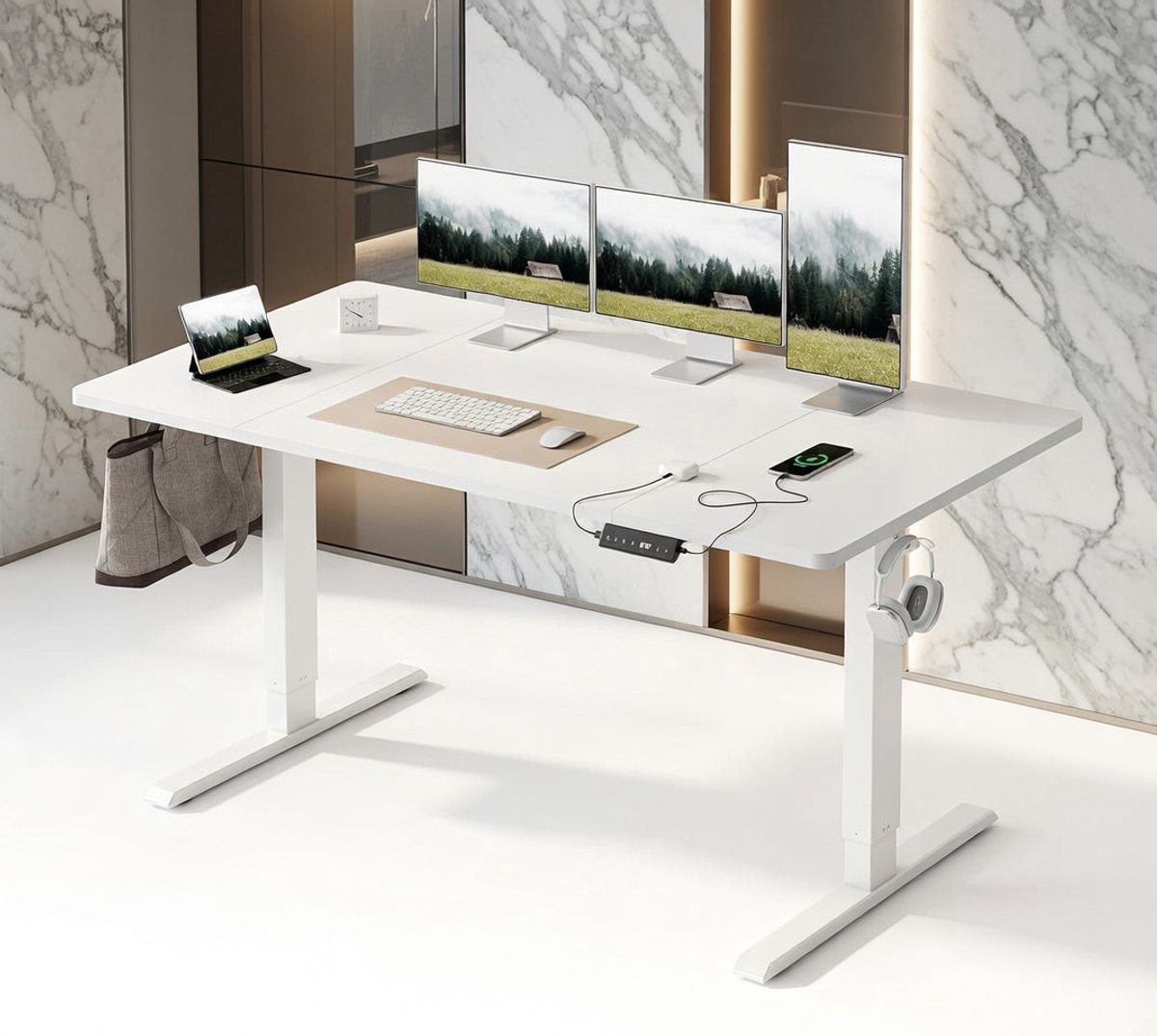 Premium Elektrisch In Hoogte Verstelbaar Bureau – Sta-Zit Bureau 160x80 cm met USB-A & USB-C Oplaadpoorten – Ergonomische Sta-Tafel voor Thuiskantoor en Kantoor – Wit, Stabiel & Geluidsarm House&Garden