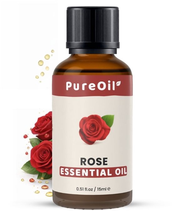 Bouteille PureOil Rose Essential Oil avec une étiquette représentant une rose rouge et le texte 'ROSE ESSENTIAL OIL'. Gouttes d'huile et deux roses rouges à côté.