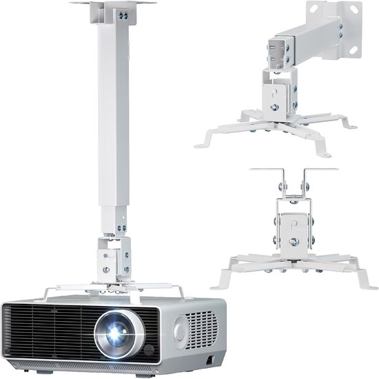 Verstelbare projectorhouder plafond wand, montagebeugel tot 18 kg, kantelbaar, geschikt voor LCD en DLP projectoren, wit
