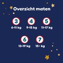 Overzicht maten Pampers: 3 (6-11kg) tot 7 (15kg+).