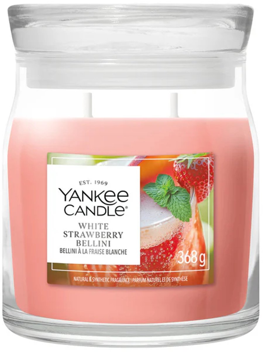 Yankee Candle White Strawberry Bellini Medium Jar - tot 50 branduren Roze
