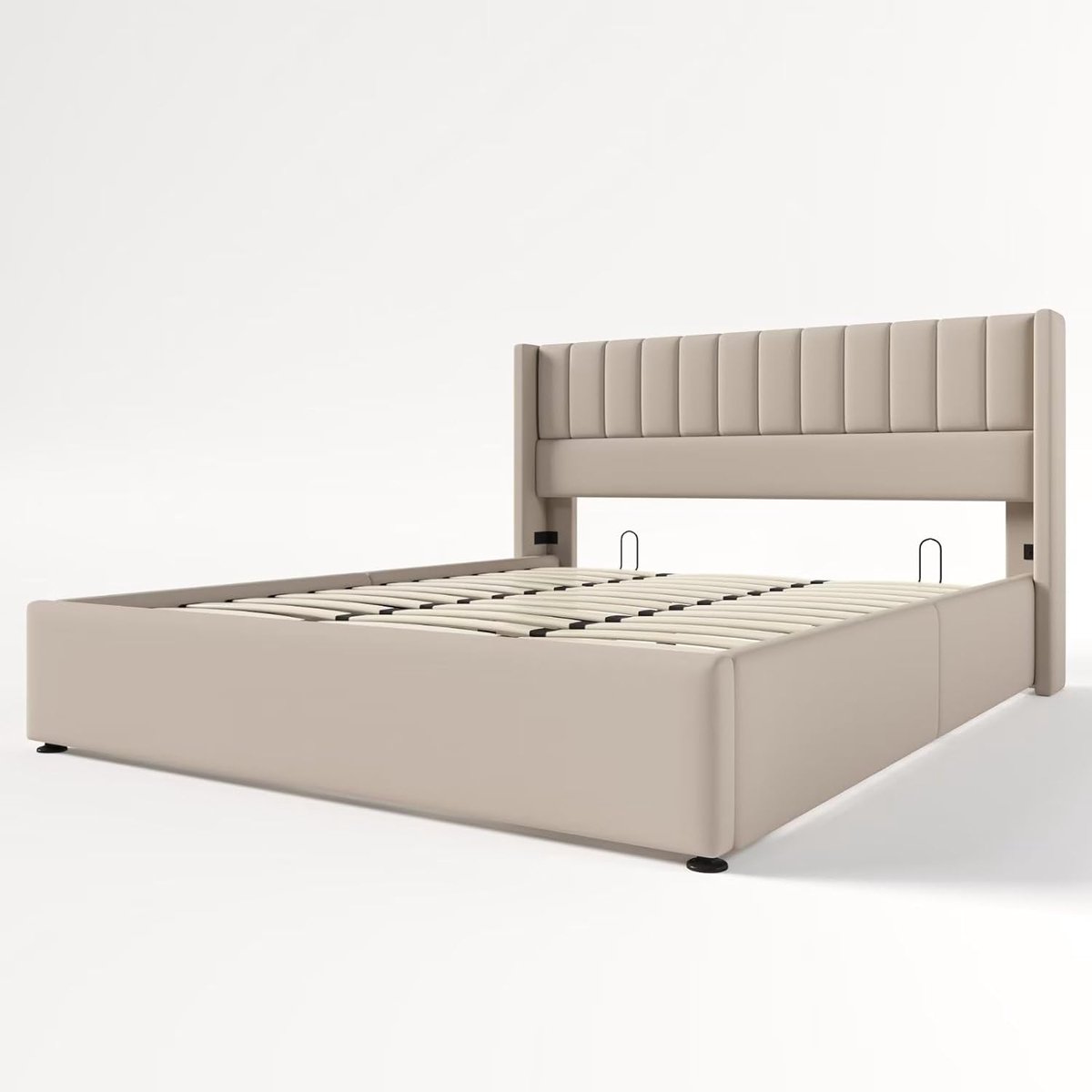 Gestoffeerd Tweepersoonsbed 180x200 cm met Opbergruimte en Hydraulische Lattenbodem – Linnen Beige – Modern Design – Sterk Metalen Frame – Abkantoor