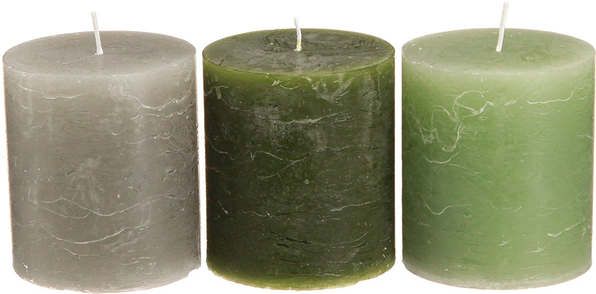 Set pilaarkaarsen, 3 tinten groen, door en door geverfd, decoratieve k