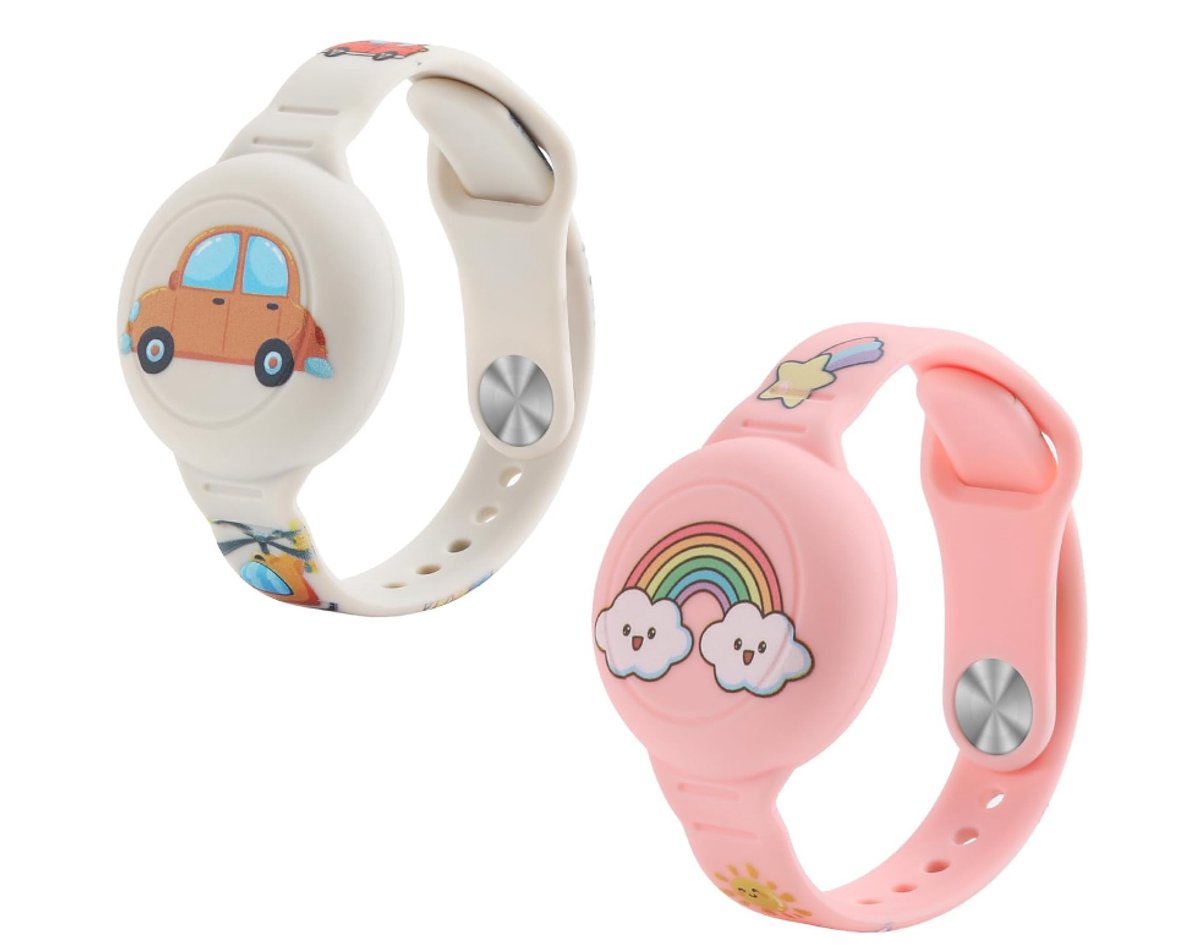 Telestore - 2x Siliconen Armband geschikt voor Apple AirTag voor Kinderen | Roze regenboog en Auto | AirTag-sleutelhanger Hoesje Kind | Polsband GPS Horloge | Tracker Houder Armband | Trackers Band | Peuter | AirTag Polsband Armband | Polsband GPS