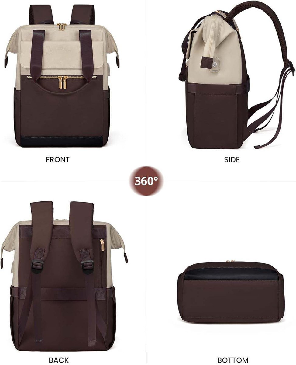 Groot Rugzak Dames - Laptop Rugzak - Met Laptopvak 15 Inch -Reisrugzak Dames - Reisrugzak Dames Waterdichtt - Zakelijke Handbagage voor Reizen Vakantie Kantoor - Schooltas Modern - Beige en Koffie 20X30X43cm thumbnail 2