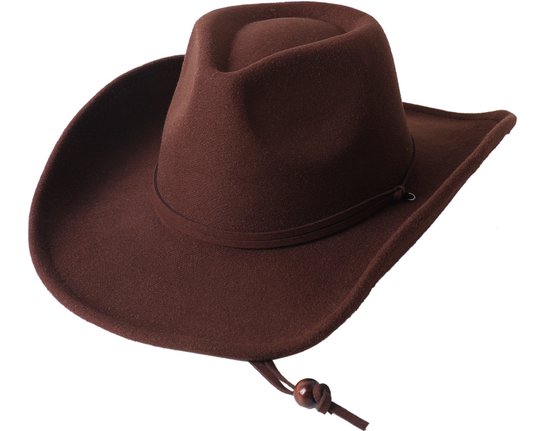 Chapeau de cowboy, Chapeau avec finition vintage, Chapeau de feutre classique. Résistant au vent, doté d'une boucle ajustable, Convient pour un tour de tête de 53–55 cm. Marron foncé.