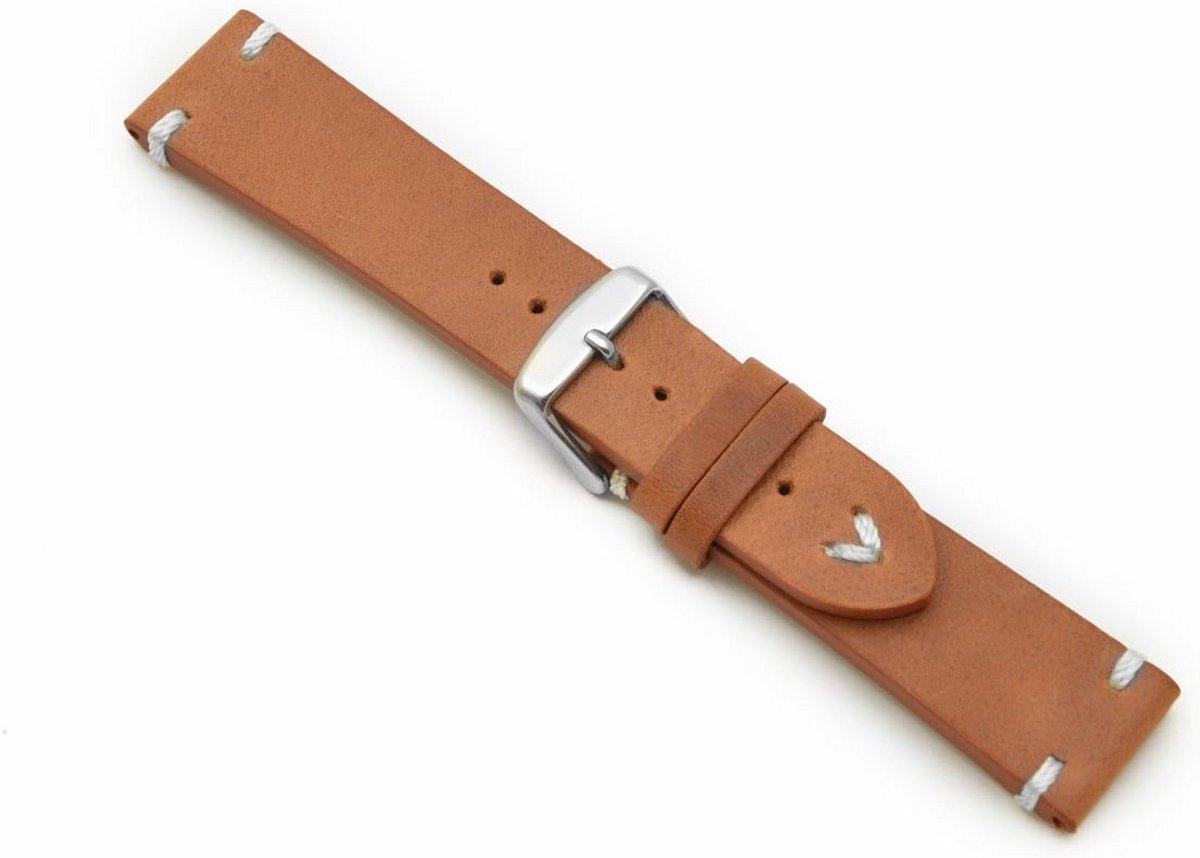 Leren Horlogeband Vintage Aviator Stijl met Witte Stiksels Bruin Leer