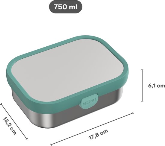 Mepal RVS lunchbox van 750 ml met groen deksel. Afmetingen: 17,8 x 13,2 x 6,1 cm.