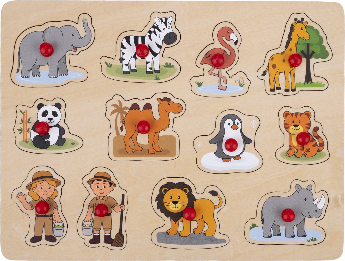 Knop puzzel “Dierentuin” klein – 12 stukjes – Houten kinder puzzel met grote knoppen – Engelhart