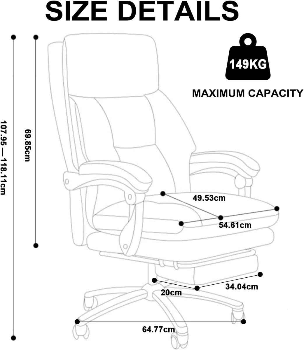 Bureaustoel Ergonomisch met Voetsteun – Casa Velluto ExecutiveRelax Pro – Directiestoel met Hoge Rugleuning – Verstelbare Hoogte en Kantelbaar 90-130° – Luxe Kunstleren Draaistoel met Wielen voor Kantoor, Thuiswerken en Gaming – Donkerbruin