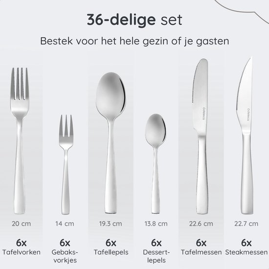 Ménagère Deleca Essential pour 6 personnes (36 pièces) - Cuillères, Couteaux, Fourchettes, Couteaux à steak et fourchettes à pâtisserie - Passe au lave-vaisselle - Argent brillant / Acier inoxydable