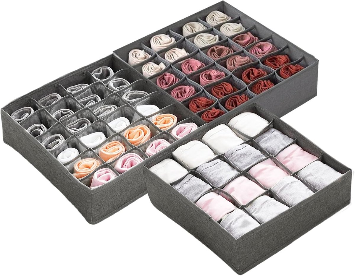 Lade Organizers - Opbergdozen - Kleding Opbergen - 3 Stuks Set - 32x32x10cm - Grijs