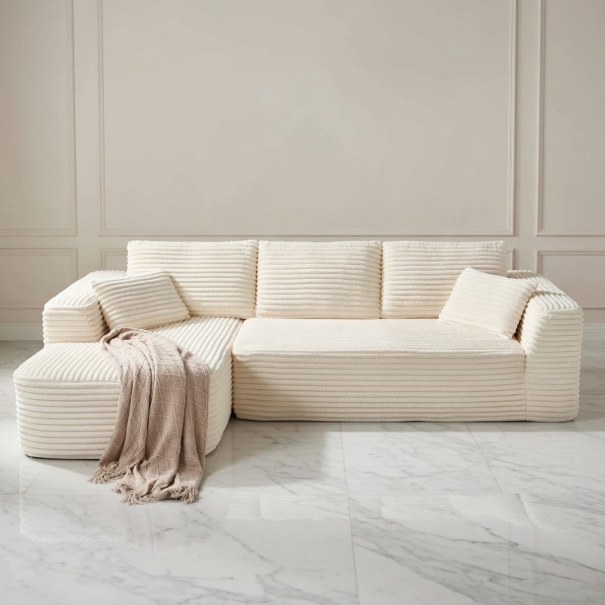 CloudComfort Hoekbank met Slaapfunctie – Modulaire Corduroy Slaapbank L-Vorm – 270 cm – 3-Zits met Voetenbank – Geen Montage – Beige House&Garden