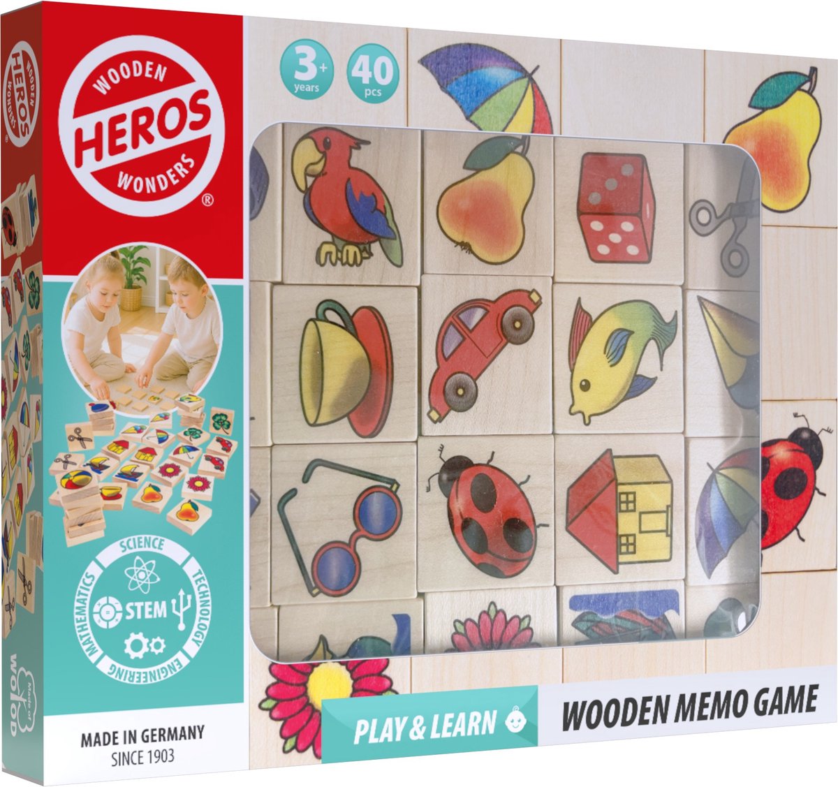 Heros houten memospel - bordspel - 40 stuks - educatief geheugenspel - fsc hout - gemaakt in duitsland - vanaf 3 jaar