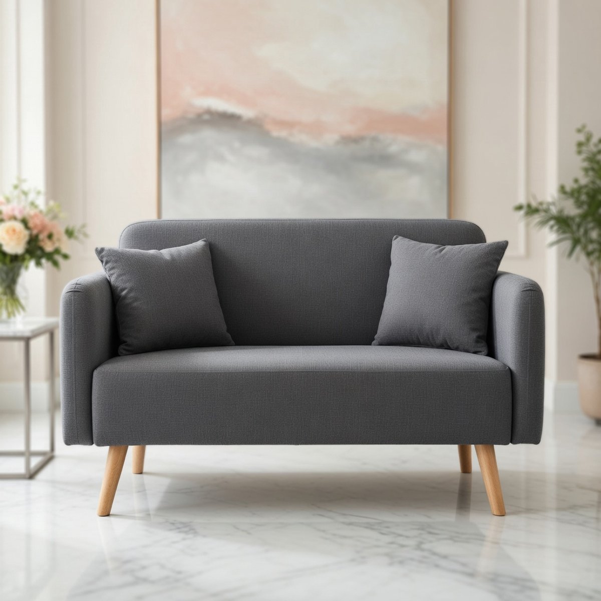 Modern 2-Zitsbank Midt – Comfortabele Gestoffeerde Sofa met Rugleuning en Armleuningen, Inclusief Kussens, Grijs, 132x70x81 cm House&Garden