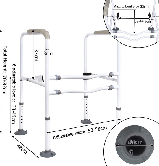 Witte toiletbeugel met afmetingen, inclusief instelbare hoogte van 70-82cm en breedte van 53-58cm.
