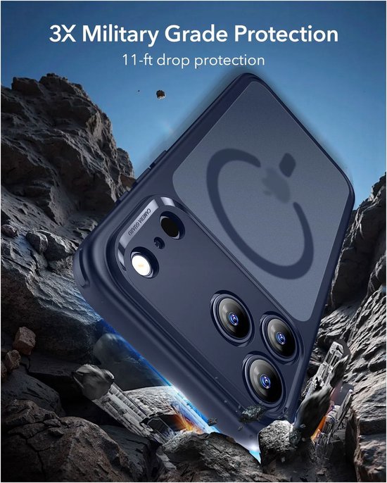 Donkerblauwe hoes met MagSafe-ring die uit rotsen valt. "3X Military Grade Protection".