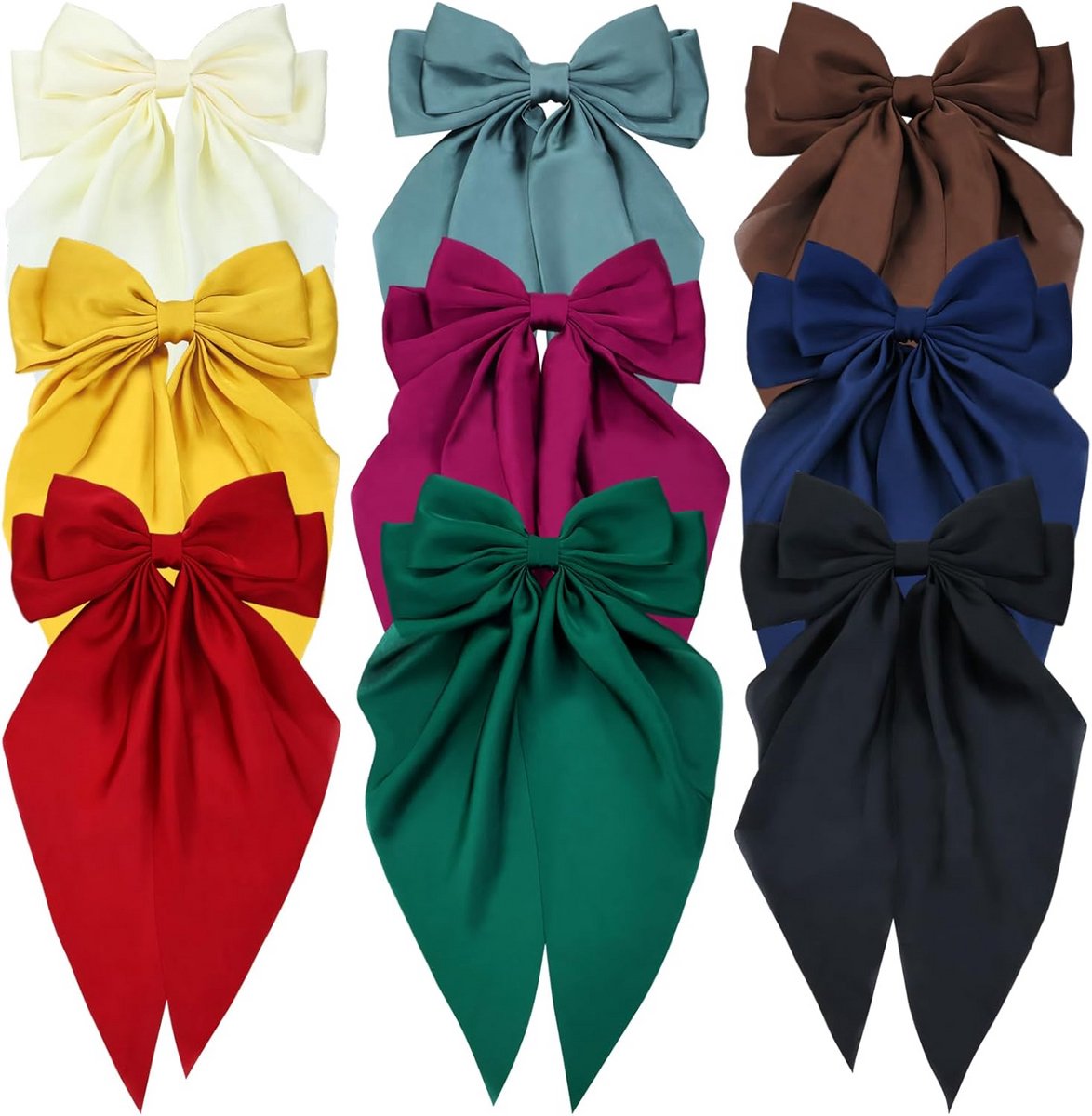 Set van 9 Grote Satijnen Haarstrikken in Diverse Kleuren voor Vrouwen en Meisjes
