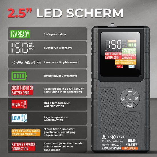 AutoXtreme 12V Jumpstarter met Compressor voor Auto – 480CCA - Boost Air Micro – Starthulp met Forcestart, Powerbank & LED-scherm – Incl. Zaklamp & Opbergkoffer