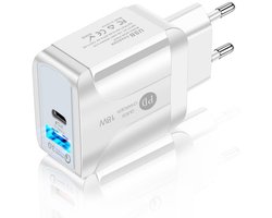 18W Reislader met LED-indicator - USB-C PD + QC 3.0 Snellader - oplader adapter - Universeel voor Smartphone en Tablet - wit