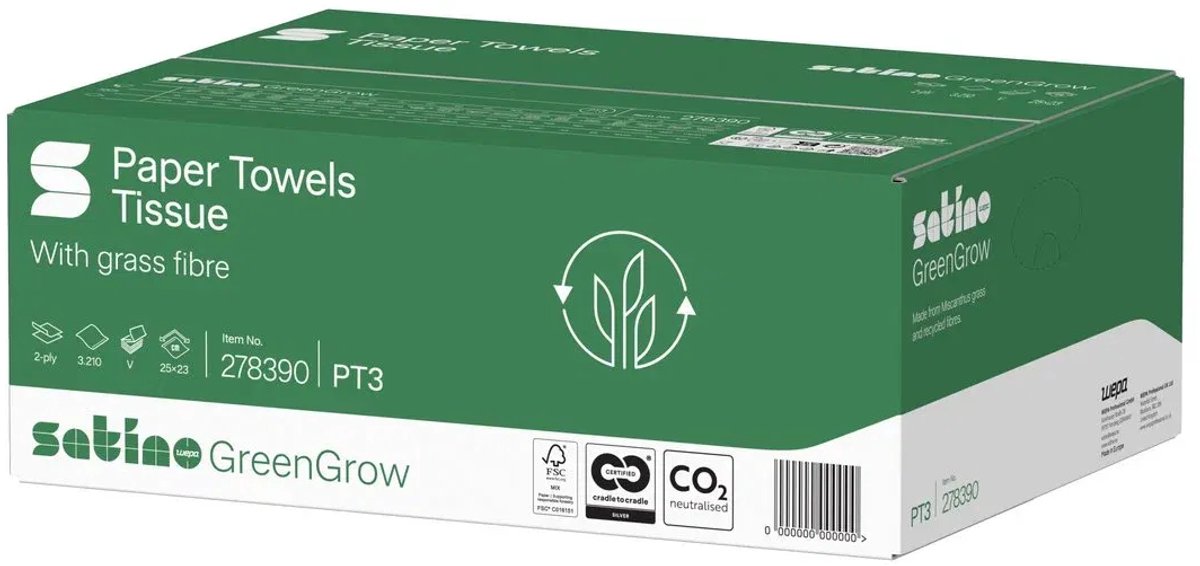 Handdoek BlackSatino PT30 GreenGrow v-vouw 2-laags 250x230mm 15x214 vel wit 275890