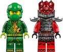 Twee LEGO Ninjago minifiguren: een groene met een helm en een rode drakenkrijger.