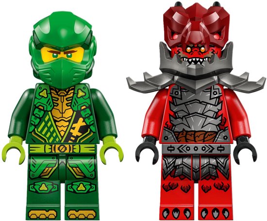 Twee LEGO Ninjago minifiguren: een groene met een helm en een rode drakenkrijger.