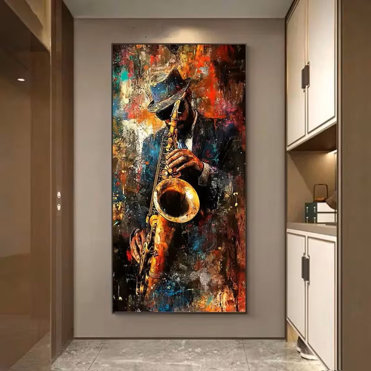 Canvas poster - Jazz muziek - Saxofoon speler - Abstracte kunst - Muziek wanddecoratie - 100x50 cm - Zonder lijst - Moderne kunst - Woonkamer - Trendy