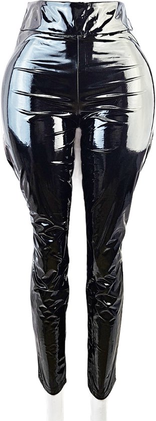 Zwarte glanzende legging met hoge taille, gedragen op een paspop.