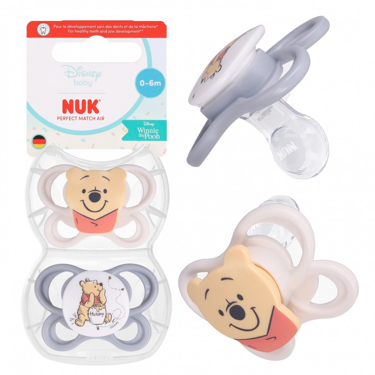 Nuk - Perfect Match Air- Disney Winnie Pooh- 0-6m - Set 2 Stuks – Orthodontisch Siliconen – Ademend Design – Met Sterilisatie Doos