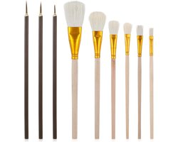 Set van 9 kwasten voor keramiekglazuur, geschikt voor diverse glazuurtechnieken bij acryl- en olieverf, mengkwasten voor keramiekglazuur, speciaal voor detailwerk bij aquarel en het aanbrengen van glazuur, liggen comfortabel in de hand