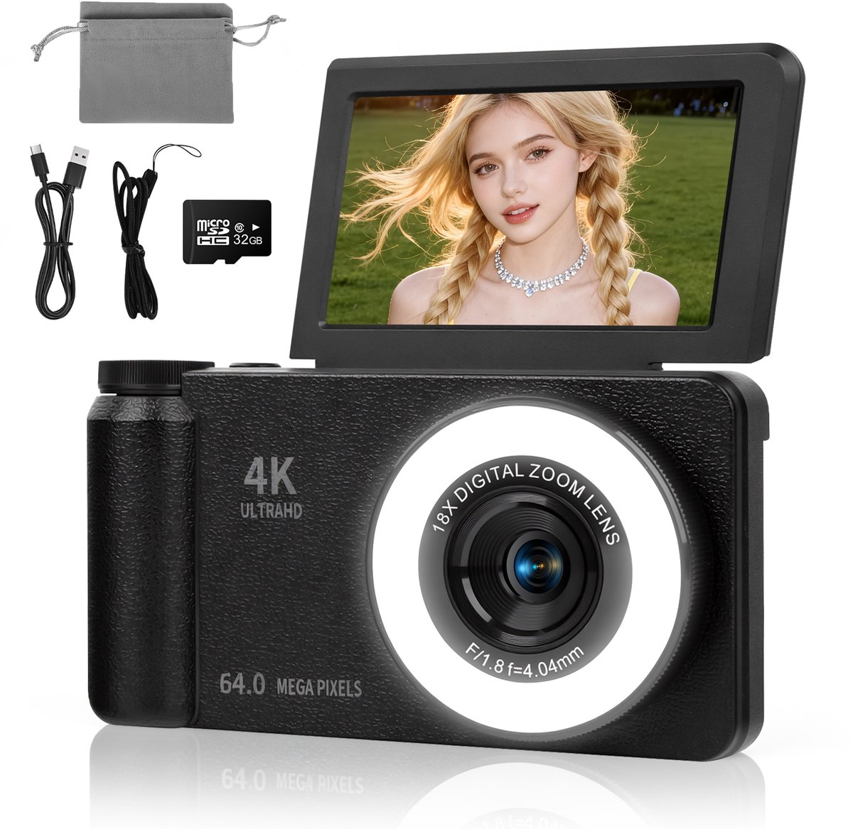 4K 64MP Digitale Camera Met Beauty Licht En 180 Graden Flip Scherm - Compacte Vlogging Camera Met Autofocus 18X Digitale Zoom En 20 Filters - Fotocamera Met 3 Inch Display Webcam Functie En 32GB Kaart Voor Foto En Video