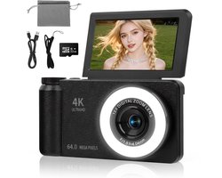 4K 64MP Digitale Camera Met Beauty Licht En 180 Graden Flip Scherm - Compacte Vlogging Camera Met Autofocus 18X Digitale Zoom En 20 Filters - Fotocamera Met 3 Inch Display Webcam Functie En 32GB Kaart Voor Foto En Video