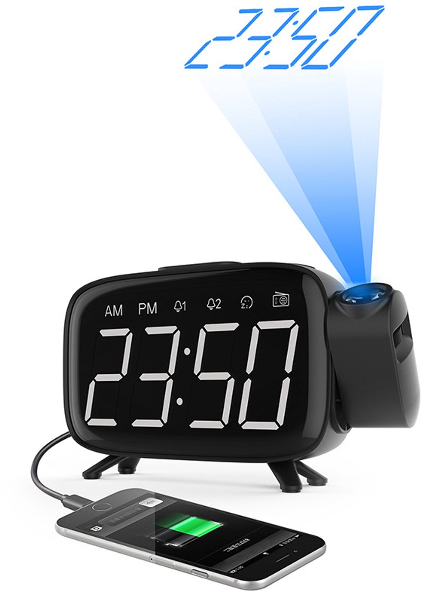 Oneay Projectie Wekker met Radio – Digitale LED Wekker met 180° Projector, USB Opladen, Snooze & 7 Alarmgeluiden – 3 Helderheidsniveaus, FM Radio – Klok voor Slaapkamer, Nachtkastje – Zwart