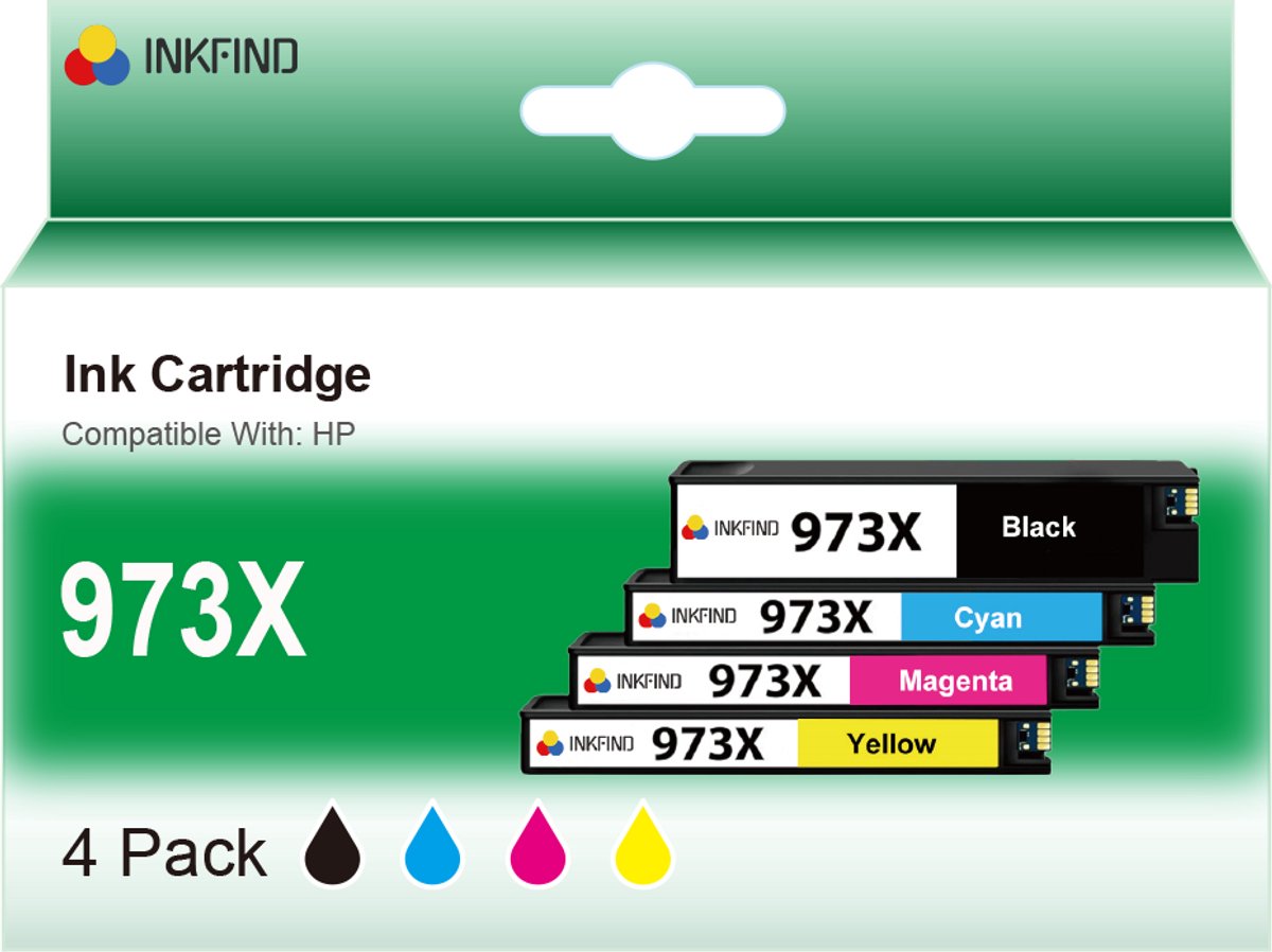 INKFIND 973X Inktcartridges geschikt voor HP 973 HP973 HP973X HP 973X HP973XL HP 973XL Multipack van 4 stuks (1 x Zwart, 1 x Cyaan, 1 x Magenta, 1 x Geel) voor HP Pagewide Pro 452dn, 452dw, 477dn, 477dw, 477dwt, 552dw, 577dw, 577z