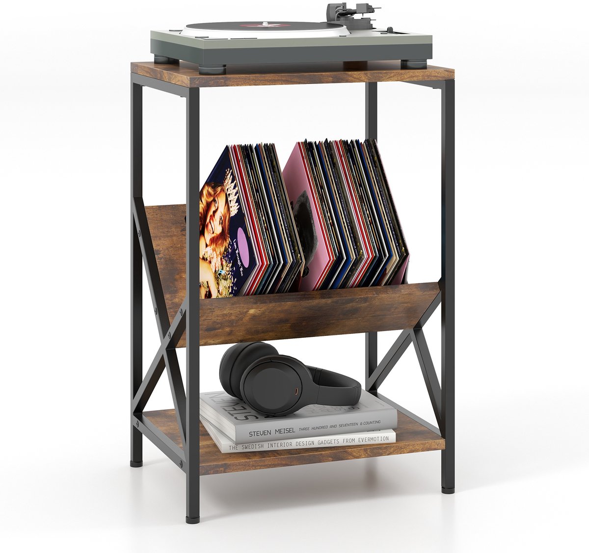 Costway Bijzettafel met 3 niveaus, industrieel design, houten banktafel, nachtkastje voor tijdschriften en nieuwspapers, 40 x 30 x 61 cm Bruin