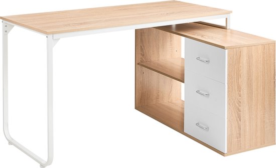 Bureau avec plateau en bois et bloc tiroirs blanc à trois tiroirs. Pied en métal blanc.