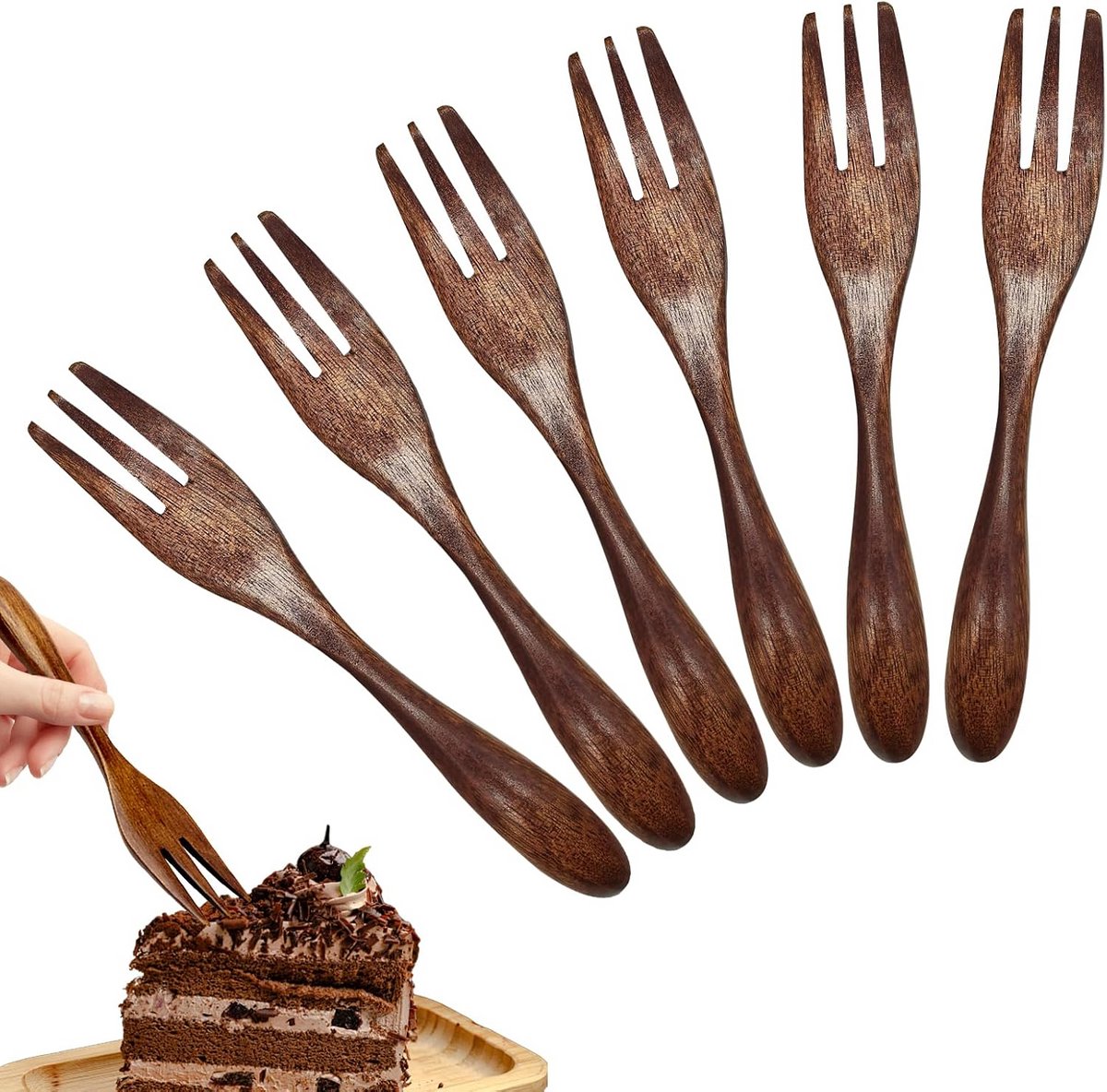 Houten Vorken - Dessert Vorkjes - Taart Eten - Drie Tand Ontwerp - 6 Stuks