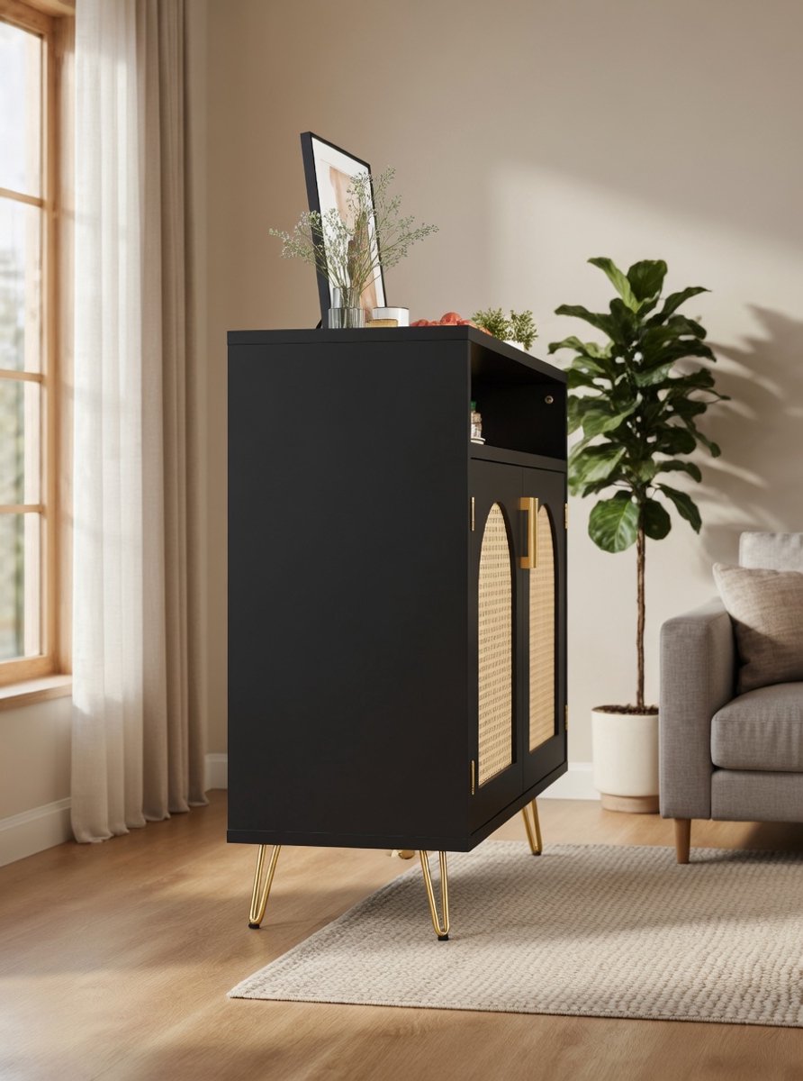 Rattan Dressoir Opbergkast – Moderne Buffetkast met Verstelbare Planken – Sideboard Kast voor Woonkamer, Keuken, Eetkamer en Hal – Houten Opbergmeubel – 80 x 35 x 75 cm – ZwartNoviHome Luxe