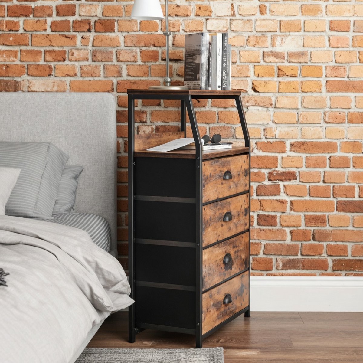 Moderne Stoffen Opbergkast met 4 Lade, Slaapkamer- en Woonkamer Meubel, Stabiel Metalen Frame & Houten Bovenblad – Bruin, Wit of Zwart Novihome
