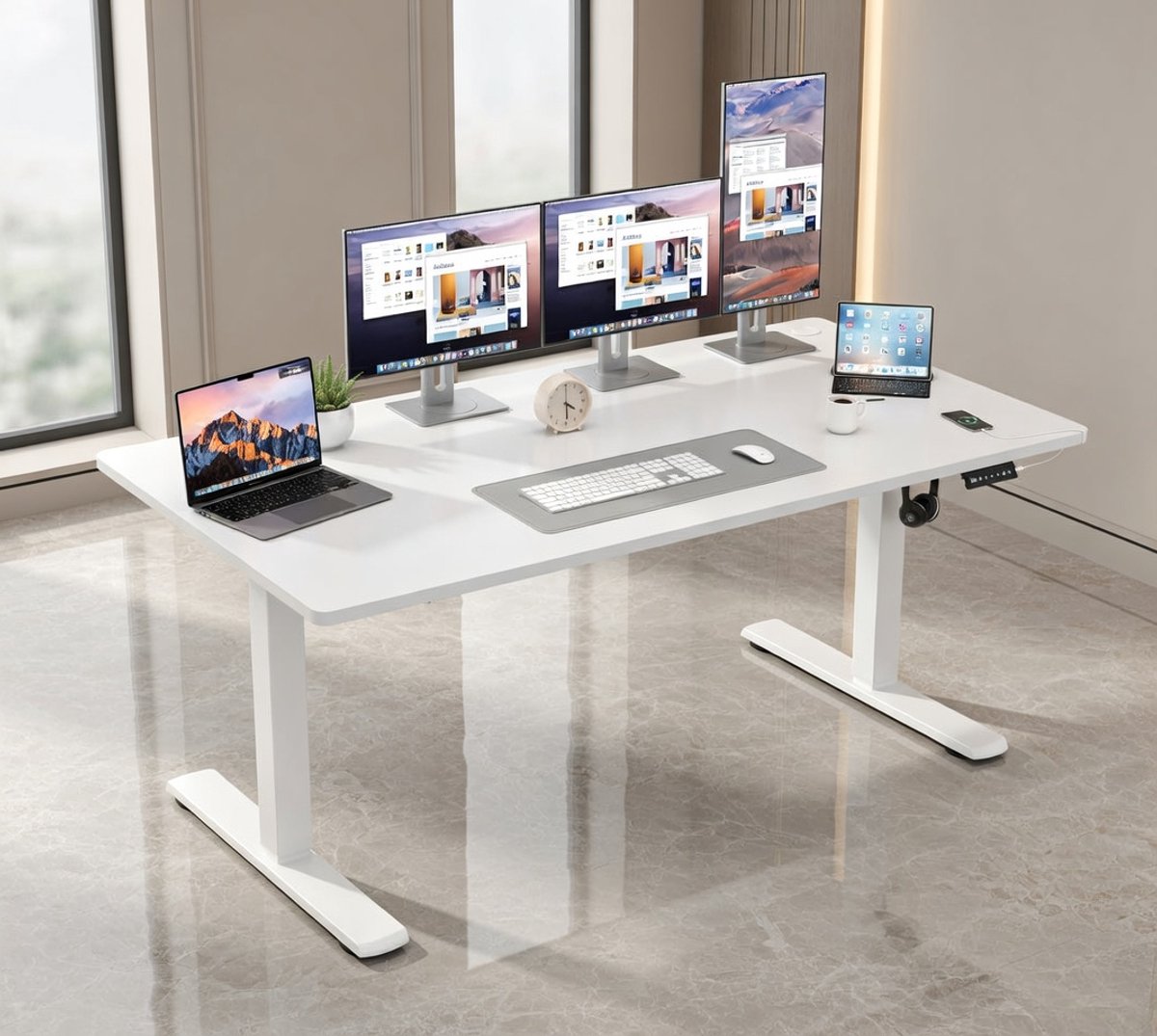 Ergonomisch In Hoogte Verstelbaar Sta-Zit Bureau – House&Garden Elektrisch Bureau met Geheugenfunctie, Compleet Tafelblad, 160 x 60 cm, Wit – Computertafel voor Kantoor en Thuiswerk