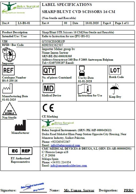 Étiquette avec les spécifications des ciseaux CVD tranchants/émoussés de 16 cm, marque Belux Surgical Instruments.