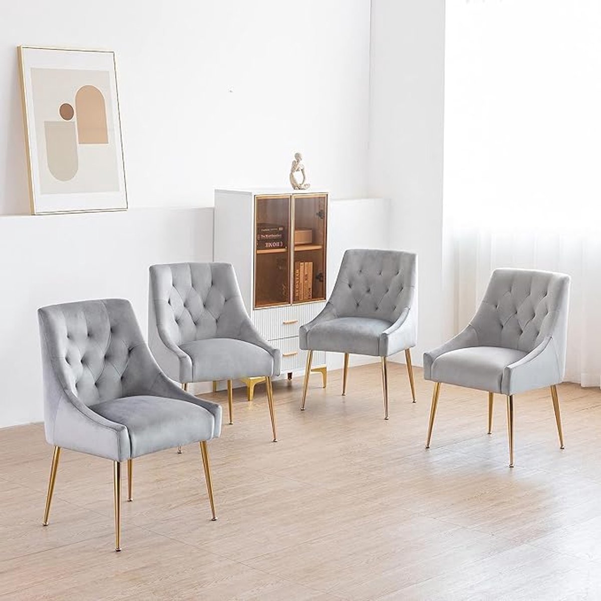 Eetkamerstoelen Set van 6 - Modern Fluwelen Stoelen met Metalen Poten 54x54x52 cm - Luxe Comfortabele Keuken-, Woonkamer- en Slaapkamerstoelen - Grijs - Abkantoor