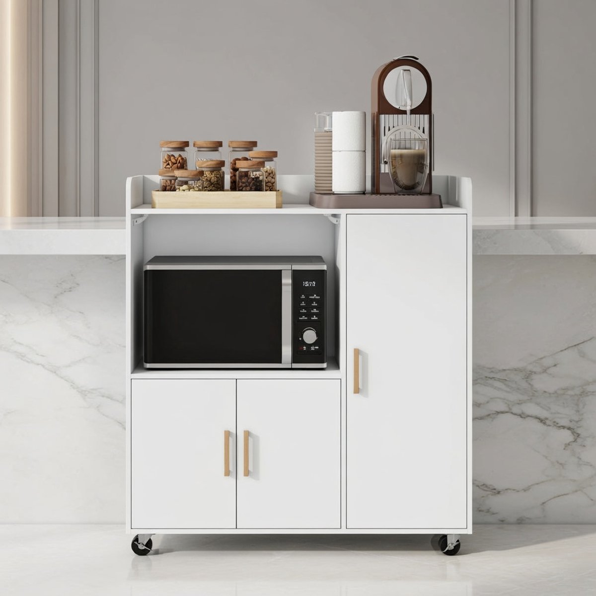 Mobiele Keukentrolley met Wielen – Dressoir, Magnetronkast & Opbergkast voor Keuken, Woonkamer en Eetkamer – Buffetkast met 3 Deuren en Verstelbare Planken – Wit, MDF & Metaal, 40x90x96,5 cm Casa S...