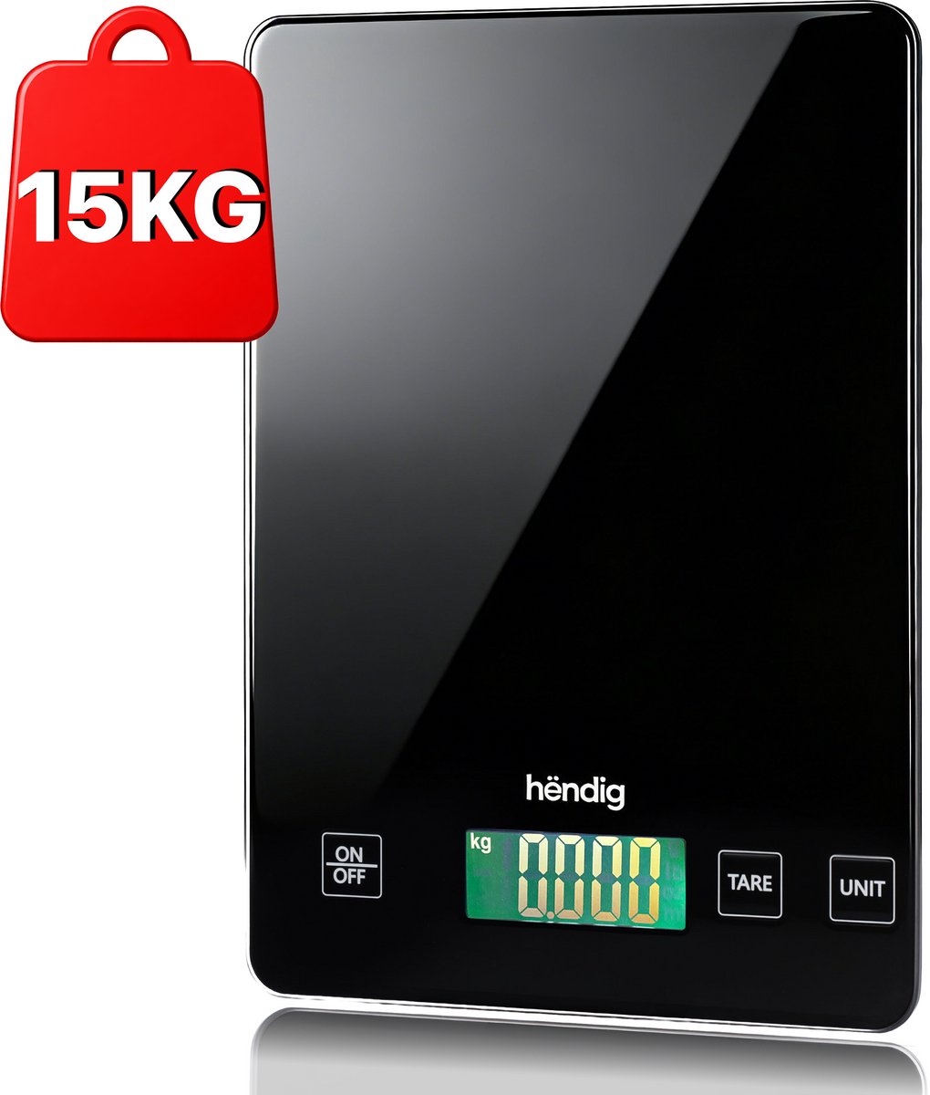 Hëndig Keukenweegschaal Digitaal - 1 gr tot 15 kg - Zwart Glas - Precisie Keukenweegschaal - Weegschaal Keuken - Tarra Functie - Inc. Batterijen
