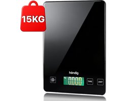 Hëndig Keukenweegschaal Digitaal - 1 gr tot 15 kg - Zwart Glas - Precisie Keukenweegschaal - Weegschaal Keuken - Tarra Functie - Inc. Batterijen