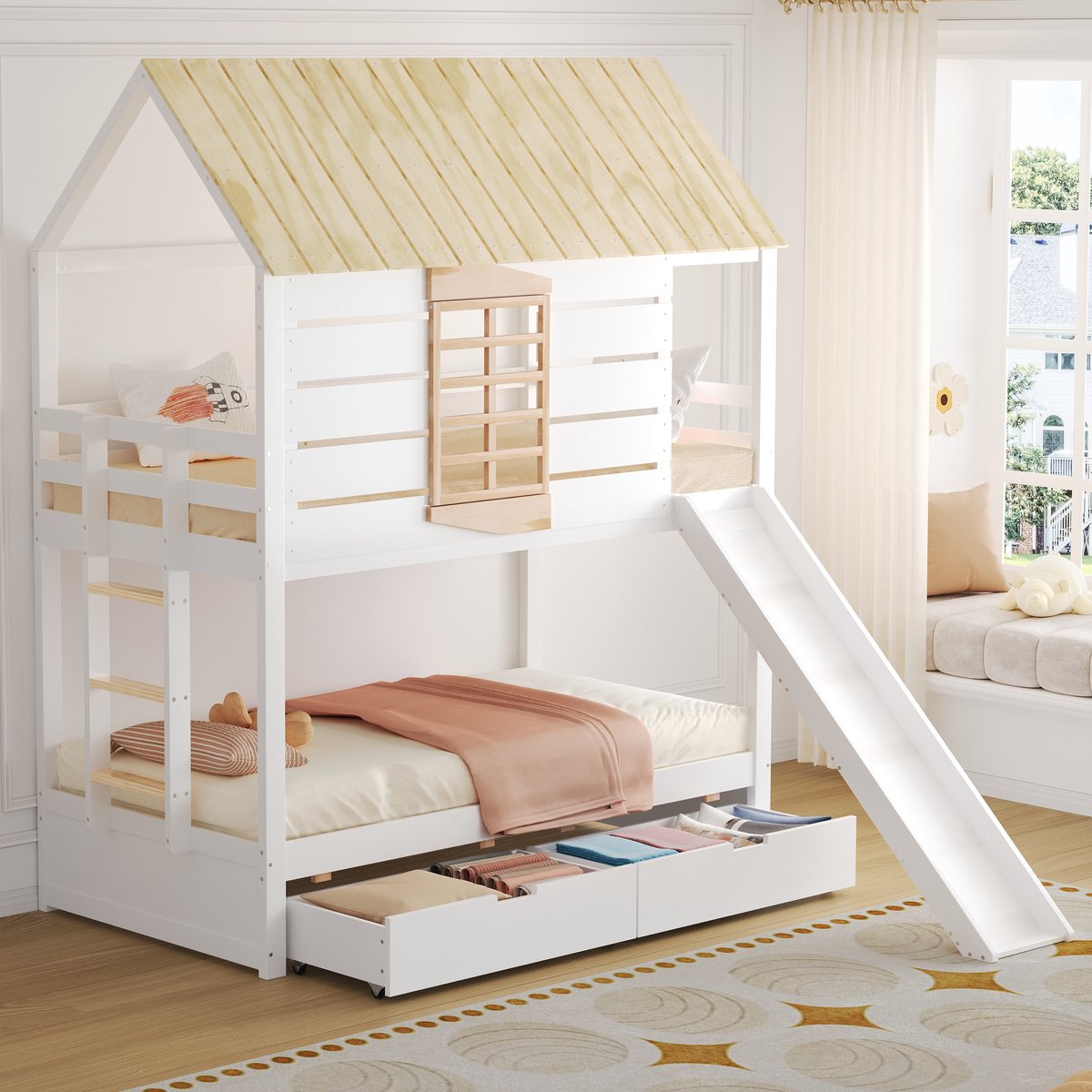 MODENUIT Stapelbed 90x200 cm – Huisvorm met glijbaan – 2 lades – Valbeveiliging – Grenen en MDF – Zonder matras – Wit/Naturel Natuurhout