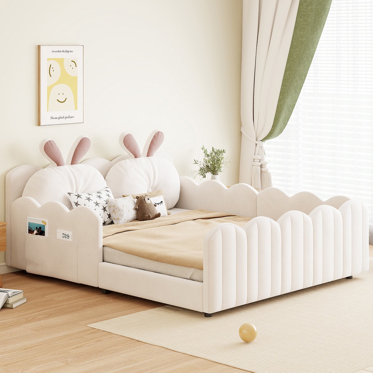 MODENUIT Gestoffeerd bed 140x200 cm – Platformbed met kussen in konijnvorm en valbeveiliging – Zonder matras – Beige