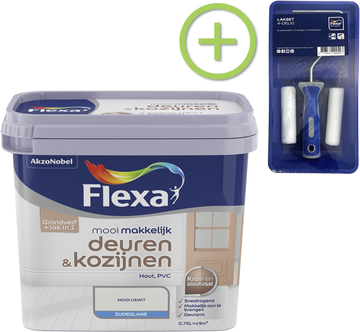 Voordeelpakket Flexa Mooi Makkelijk - Deuren En Kozijnen - Mooi Ijswit - 750 ML + Lakroller - 4 Delig